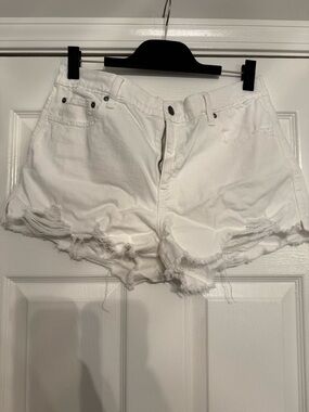 aerie White Distressed High-Rise Denim Shorts